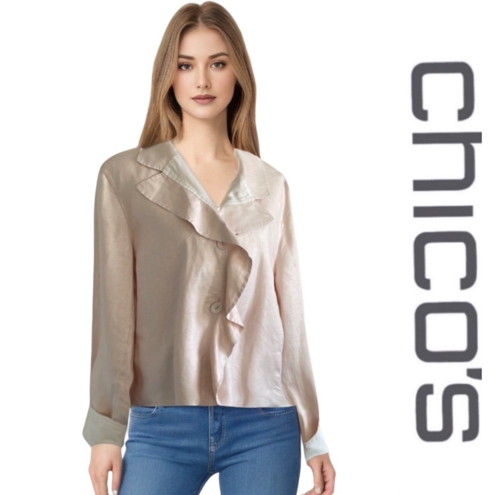 Chico’s Linen Light Blush Ruffled Trim Jacket Size 16